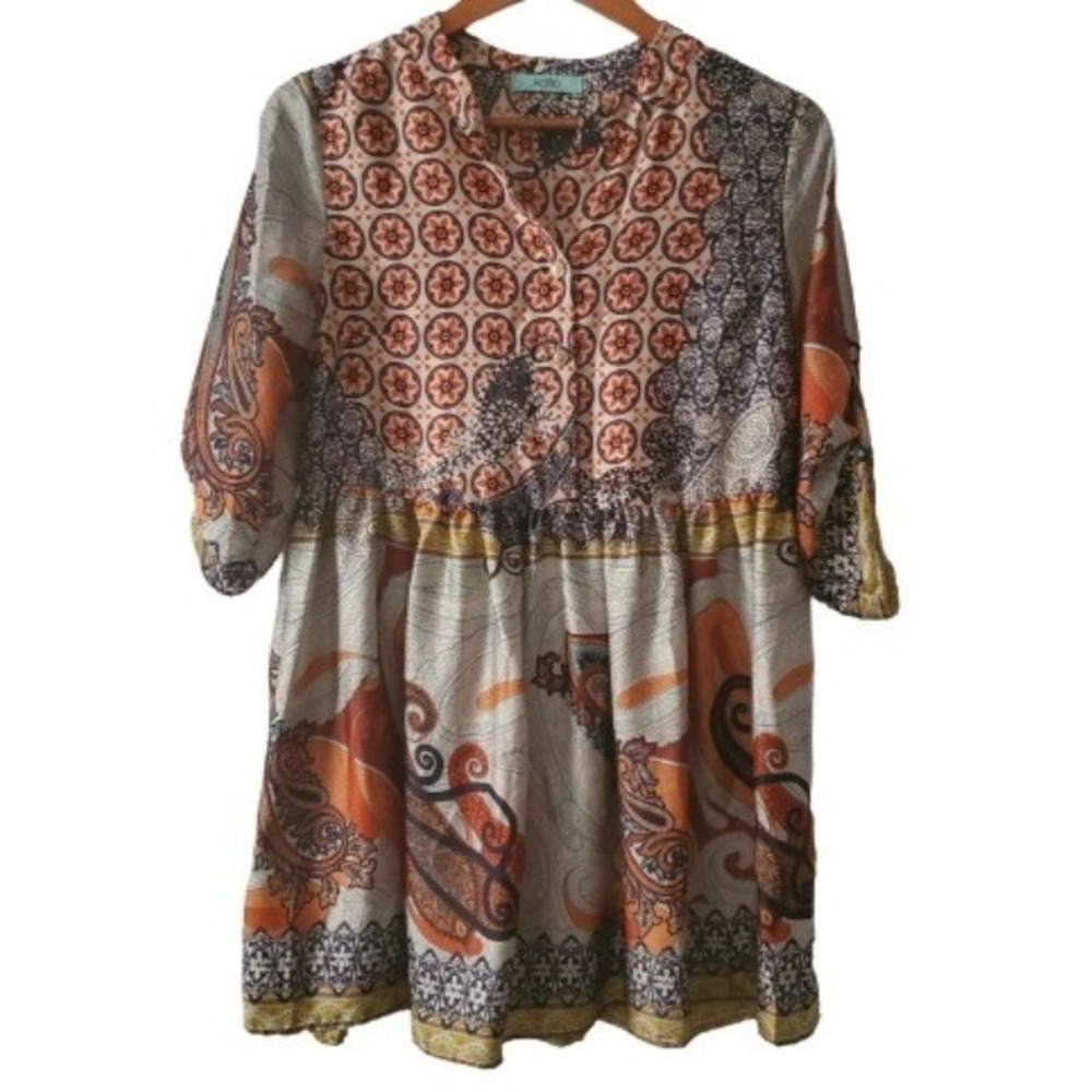 Karlie Women's Flowy Roll Tab Sleeve Multicolor Print Button Front Dress Small - Picture 11 of 11